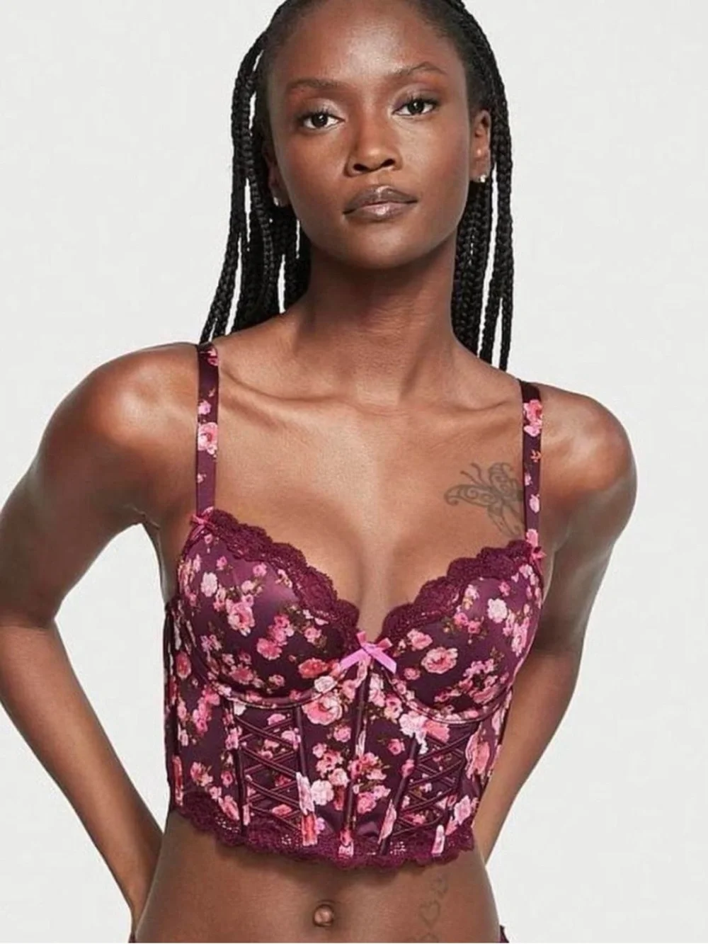 NWT Victoria’s Secret Dream Angels Burgundy Floral Lace Up Corset Bra Top Sz 32C - Picture 2 of 8